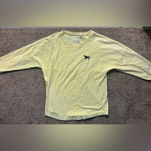 Victoria’s secret PINK Woman’s Lg Neon Yellow Long Sleeve Jersey Top Black Logo